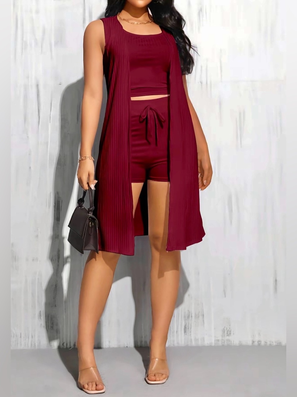 Chic Women’s 3-Piece Lounge Set - Burgundy New Size M
